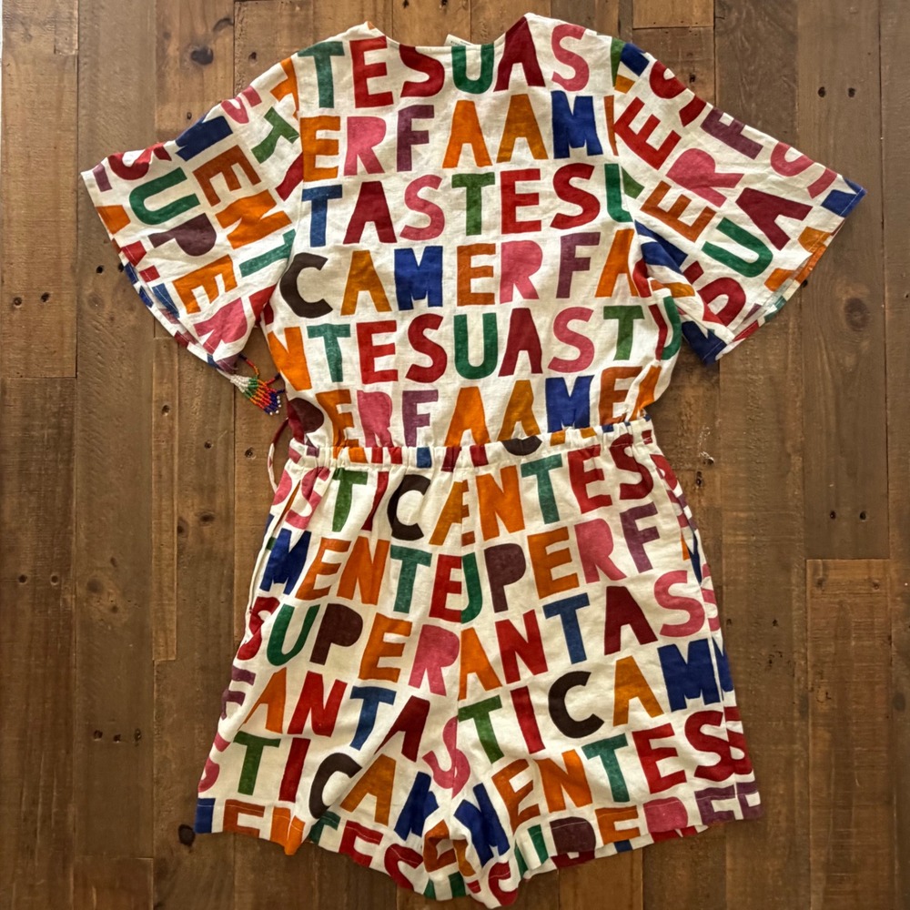 Farm Rio for Anthropologie Typographic Print Linen Blend Romper Multi Color S - Picture 3 of 7